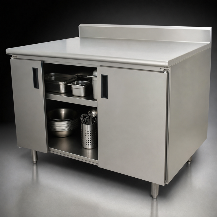 Product image #3 for Advance Tabco Special Value Series Economy Enclosed Work Table with Sliding Doors, 84 x 30 Inches, 16 Gauge 304 Stainless Steel Top