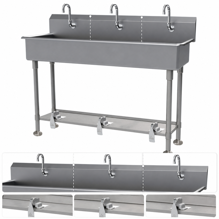 Product image #3 for Advance Tabco Multiwash 3-Station 60-Inch Freestanding Hand Wash Sink with Toe-Push Valves and Gooseneck Spouts