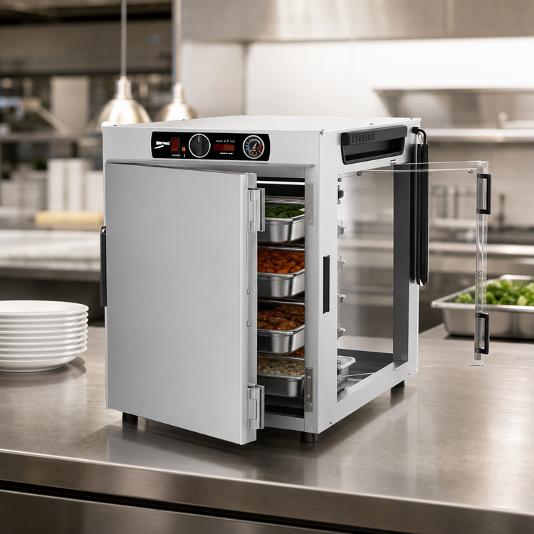 Product image #3 for Metro HotBlox Wide 8-Pan Pass-Thru Countertop/Stacking Hot Food Holding Cabinet, Solid Front/Clear Rear Doors
