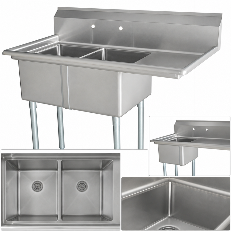 Product image #3 for Commercial 2-Compartment Pot Sink with Right Drainboard and 24 x 24 x 14-Inch Bowls