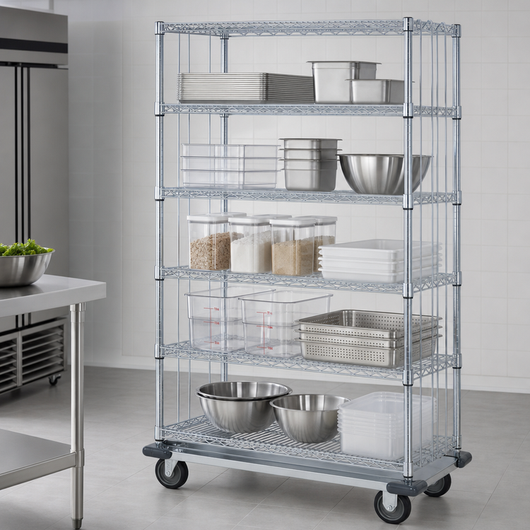 Product image #3 for Quantum Mobile Enclosure Cart with 5 Wire Shelves, 48-Inch W x 18-Inch D x 81-Inch H, Chrome Plated Finish