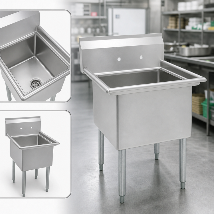 Product image #3 for One-Compartment Stainless Steel Sink with 18 x 24 x 14-Inch Bowl, 9-Inch Backsplash, and Galvanized Legs