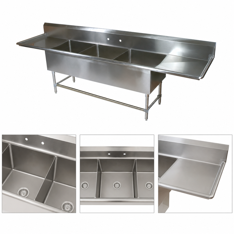 Product image #3 for John Boos Pro-Bowl 3-Compartment Sink with 2 Drainboards, 18" x 18" x 14" Bowls, 14-Gauge Stainless Steel