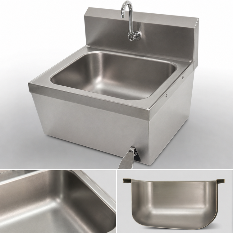 Product image #3 for Advance Tabco Deep Drawn Wall Mounted Hand Sink with 16" x 20" x 8" Bowl, Gooseneck Faucet and Knee Valve
