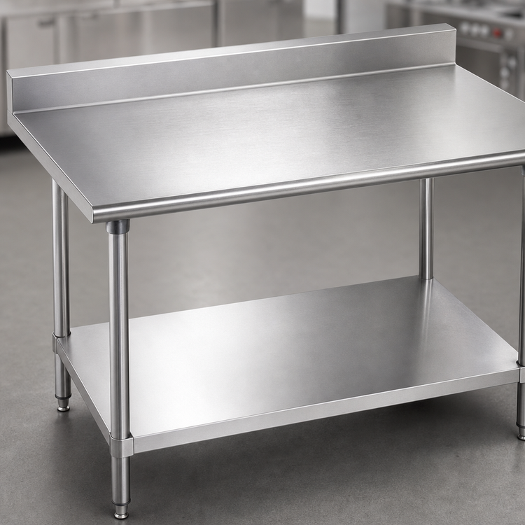 Product image #3 for Advance Tabco 84-Inch 430 Stainless Steel Work Table with 5-Inch Backsplash and Adjustable Undershelf