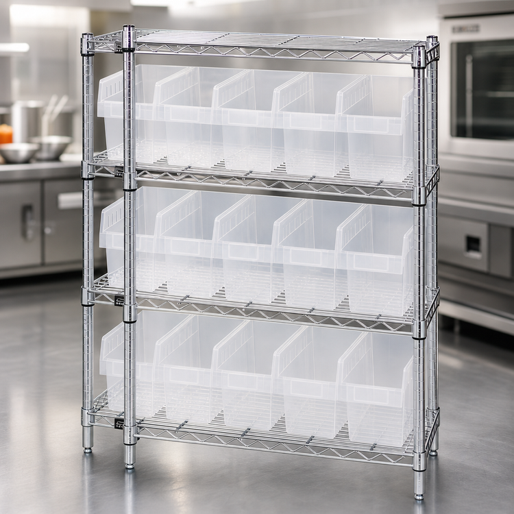 Product image #3 for Quantum Chrome Plated Wire Shelving Bin Center with 4 Shelves and 15 Clear Bins, 36W x 12D x 39H
