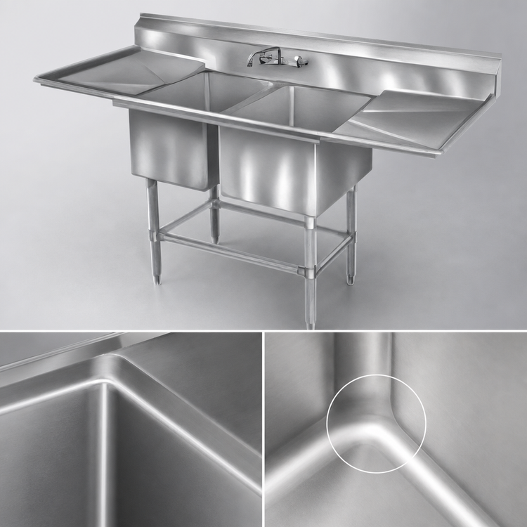 Product image #3 for Eagle Spec-Master FN Series Two-Compartment Stainless Steel Sink with Left and Right Drainboards, 92 Inch Wide