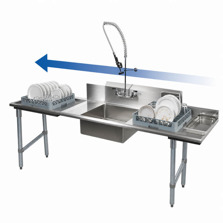 Product image #3 for BK Resources 60 Inch Straight Soiled Dish Table with Right-to-Left Operation, Pre-Rinse Sink, and Galvanized Legs