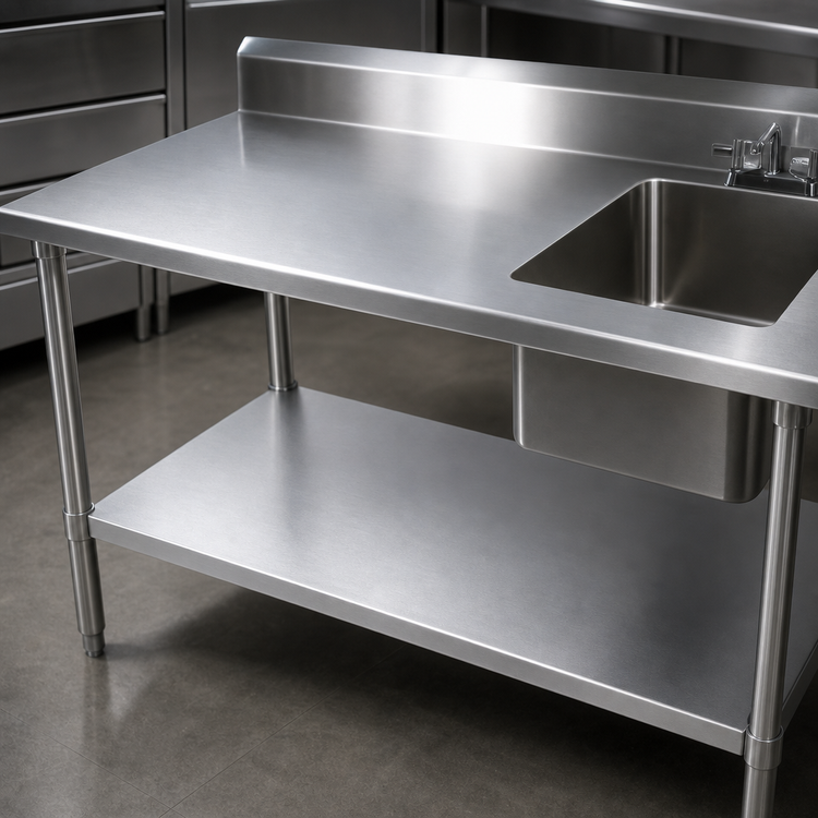 Product image #3 for John Boos 72-Inch x 30-Inch Stainless Steel Prep Table With Right-Side Sink Bowl, 5-Inch Backsplash, and Adjustable Undershelf