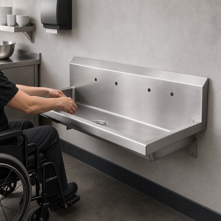 Product image #3 for BK Resources ADA Two-Station Wall-Mounted Hand Wash Sink, 60 Inch, 14/304 Stainless Steel, 5 Inch Deep Bowl