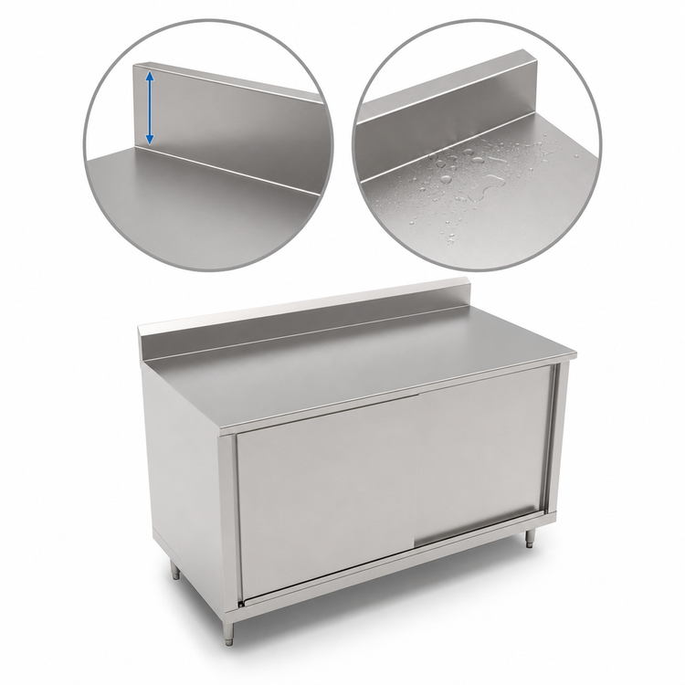 Product image #3 for 60" x 30" Enclosed Work Table with Sliding Doors, 16-Gauge Stainless Steel Top and 5" Backsplash