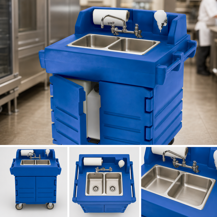 Product image #4 for Cambro CamKiosk Mobile Hand Sink Cart with 2-Compartment Sink, 110V, Navy Blue