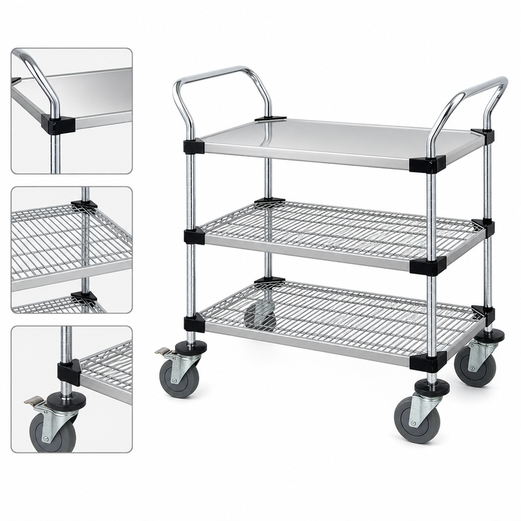 Product image #3 for Quantum 42 In. x 24 In. 3-Shelf 304 Stainless Steel Utility Cart with U-Handles