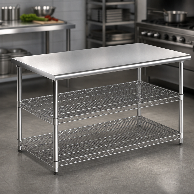Product image #3 for Eagle AdjusTable Basic Unit 60 Inch x 30 Inch 14 Gauge 304 Stainless Steel Work Surface Table with 2 Adjustable Wire Undershelves