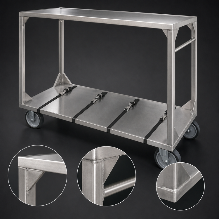 Product image #3 for FWE Open-Side Institutional Stainless Steel Tray Transport Cart with 2 Heavy-Duty Shelves, 4 Straps, and Push Handle