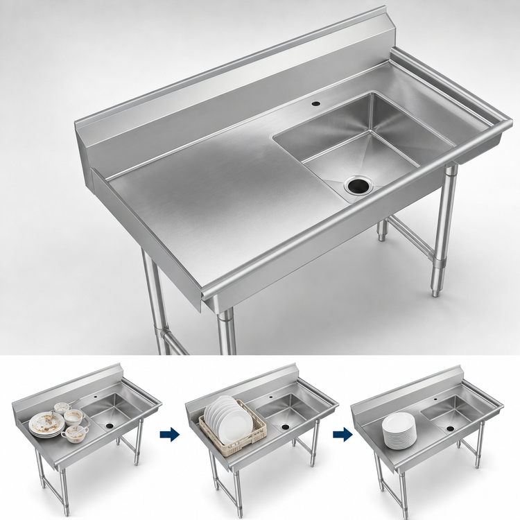 Product image #3 for Klinger's Trading SDT36R 36" x 30" Right-to-Left Soiled Dishtable with 20" x 20" Pre-Rinse Sink