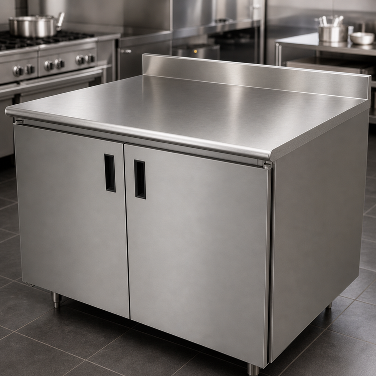 Product image #3 for Advance Tabco 144-Inch x 30-Inch Enclosed Stainless Steel Work Table with Cabinet Base, 14-Gauge 304 Top and 5-Inch Backsplash
