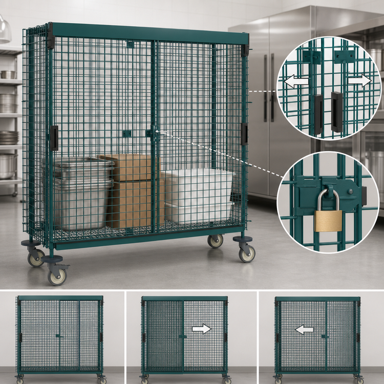 Product image #3 for Super Erecta Mobile Wire Security Cage with Sliding Doors, Metroseal Green Epoxy, Polymer Horn Casters