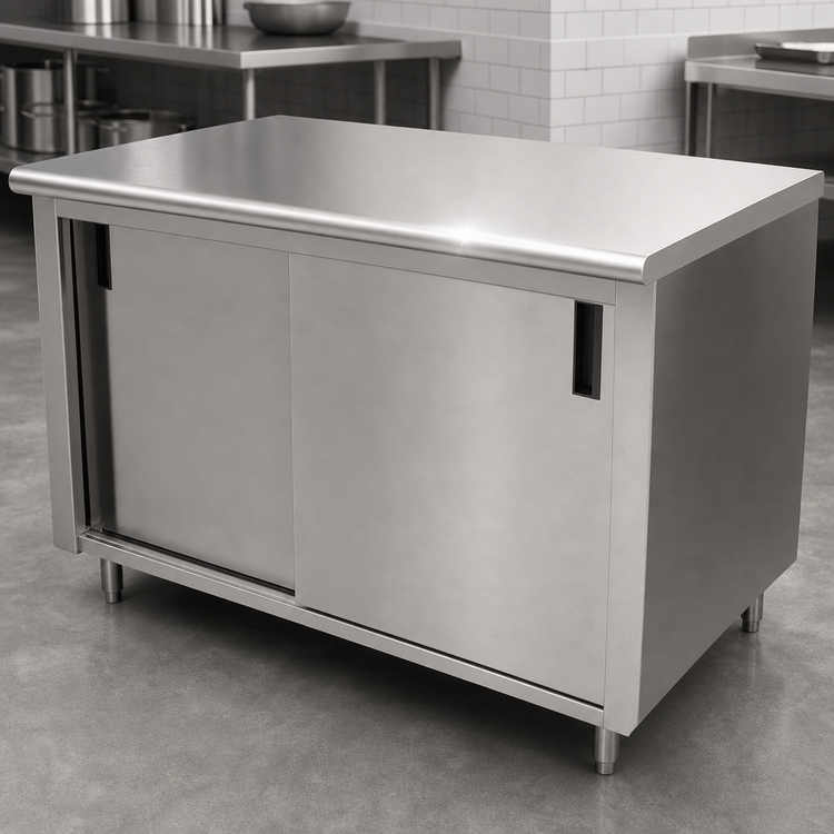 Product image #3 for Advance Tabco CB-SS-366 Enclosed Work Table with Cabinet Base and Sliding Doors, 72W x 36D, 14-Gauge 304 Stainless Steel Top
