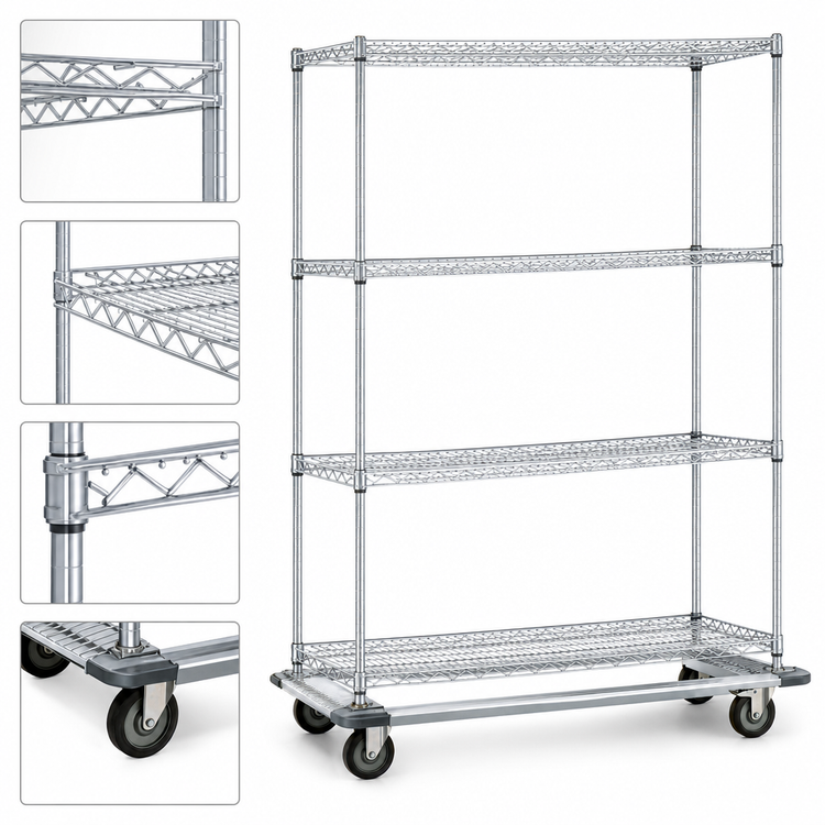 Product image #3 for EAGLEbrite 4-Tier Wire Dolly Truck with 48"W x 21"D Shelves, Zinc Finish, 5" Poly Swivel/Brake Casters
