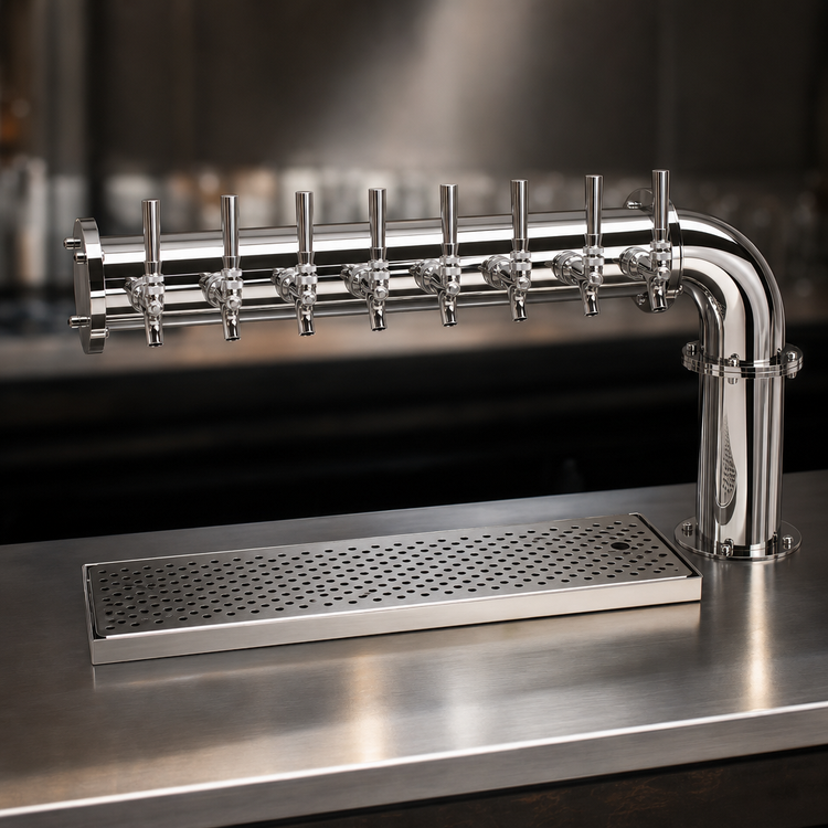 Product image #4 for Glastender Single-Column Countertop Pipe Cantilever Draft Dispensing Tower with 8 Stainless Steel Faucets, Air-Cooled, Mirror Finish