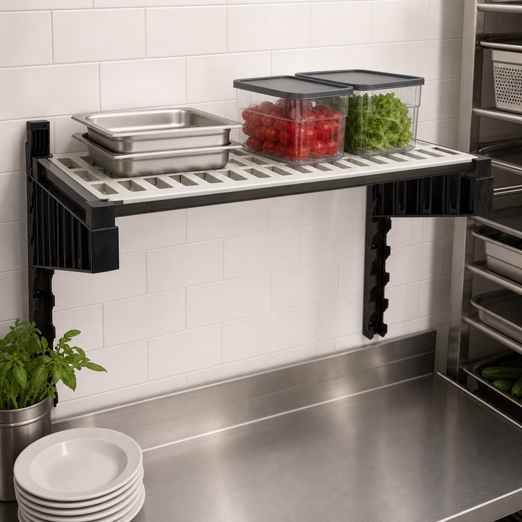 Product image #3 for Cambro Camshelving® Elevation Wall-Mounted Vented Shelf Kit — 24" x 24", Brushed Graphite (Includes 15" Uprights & Universal Brackets)