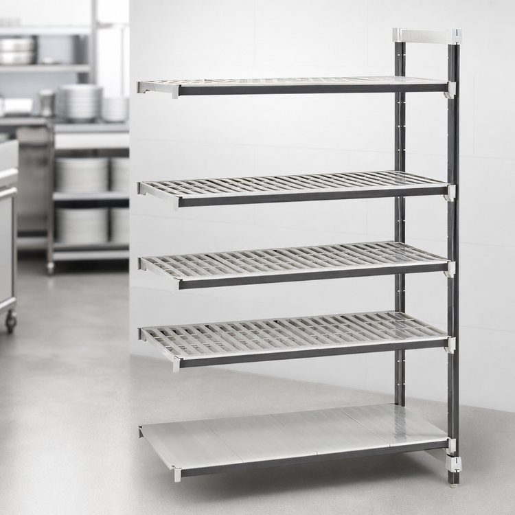 Product image #3 for Cambro Camshelving Elements XTRA Stationary Add-On Polymer Shelving Unit, 21 x 42 x 84 Inches, 5-Shelf, Vented & Solid, Speckled Gray