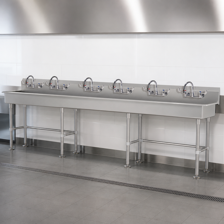 Product image #3 for Advance Tabco FS-FM-120-ADA-F 120-Inch 6-Station ADA Compliant Freestanding Multiwash Hand Wash Sink with Gooseneck Faucets