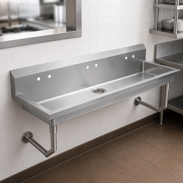Product image #3 for John Boos Wall Mount Multi-Station Hand Wash Sink, 80 x 19-5/8 Inch, 4 Sets of 4-Inch O.C. Faucet Holes