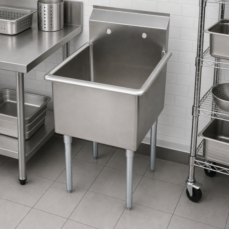 Product image #3 for BK Resources 1-Compartment Stainless Steel Utility Sink with 24 x 24 x 14-Inch Bowl, 9-Inch Backsplash, and Galvanized Legs