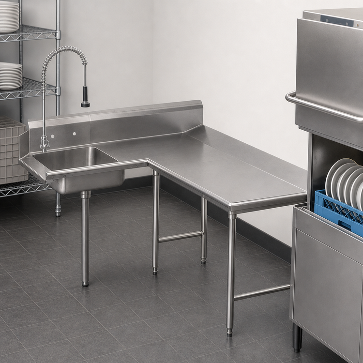 Product image #3 for Advance Tabco Right-to-Left L-Shaped Dish Landing Soil Dishtable with Pre-Rinse Sink, 83-Inch