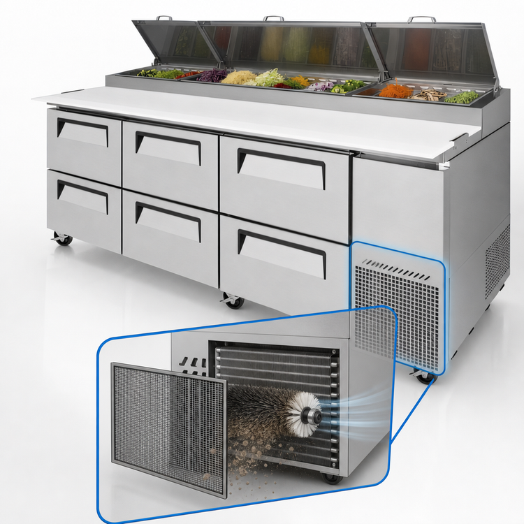 Product image #3 for Turbo Air Super Deluxe 93-1/8-Inch 3-Section Stainless Steel Pizza Prep Table with 6 Drawers, Side-Mount Self-Contained Refrigeration