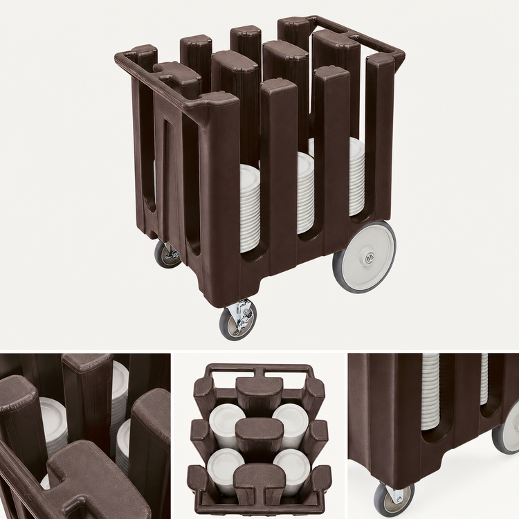 Product image #4 for Cambro 6-Column Dish Caddy Cart for 7-Inch Plates with Vinyl Dust Cover, Dark Brown