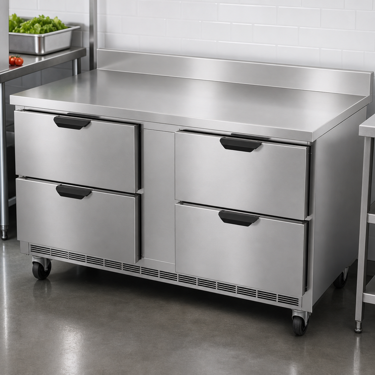 Product image #3 for Beverage-Air 60-Inch Two-Section Worktop Freezer with 4 Drawers and Foamed-In-Place Backsplash