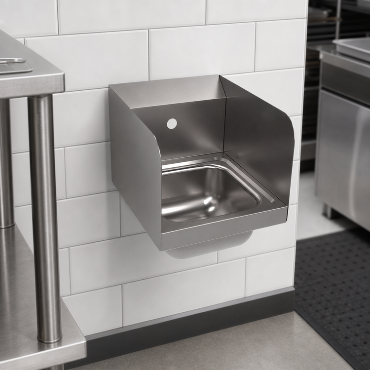 Product image #3 for BK Resources Space Saver Wall-Mounted Hand Sink with Dual Side Splashes, 9" x 9" x 5" Bowl