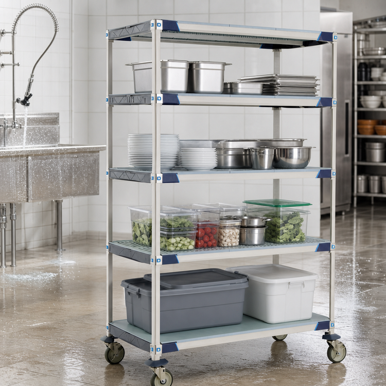 Product image #3 for MetroMax i 48 Inch W x 24 Inch D x 80 Inch H 5-Tier Mobile Polymer Shelving Unit with Open Grid Shelves and Solid Bottom Shelf