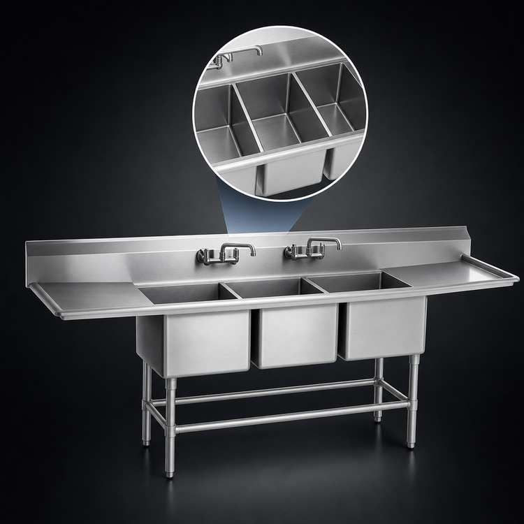 Product image #3 for Eagle Spec-Master FN Series Coved Corner Three-Compartment Sink with Left Drainboard, 79-1/2"W x 27"D