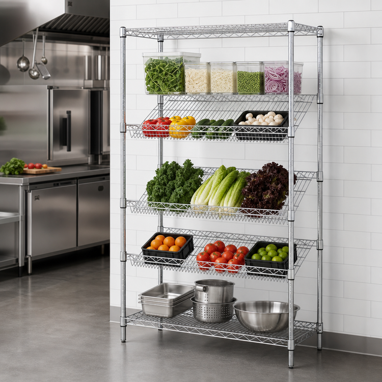 Product image #3 for Quantum 48W x 24D x 63H Stationary Slanted Wire Shelving Unit with 5 Shelves, Chrome Finish