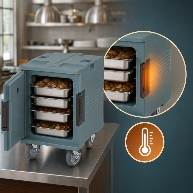 Product image #4 for Cambro Ultra Pan Carrier Heated Front-Loading Food Carrier With Casters, 1 Compartment, 6-Pan Capacity, 110V, Slate Blue