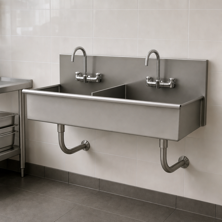 Product image #3 for Advance Tabco 2-Station Wall-Mounted Square-Corner Hand Wash Sink with Tubular Supports, 40 Inch, 16-Gauge 304 Stainless Steel