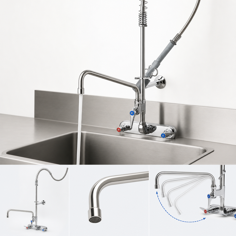 Product image #3 for T&S Brass EasyInstall 8-Inch Wall-Mount Workboard Pre-Rinse Add-On Faucet with 12-Inch Swing Nozzle and 1.07 GPM Spray Valve