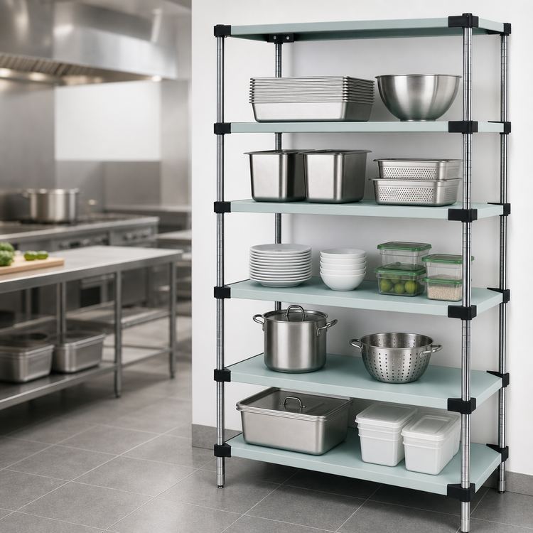 Product image #3 for Quantum 42-Inch x 18-Inch x 74-Inch 5-Shelf Stationary Solid Stainless Steel Shelving Starter Kit