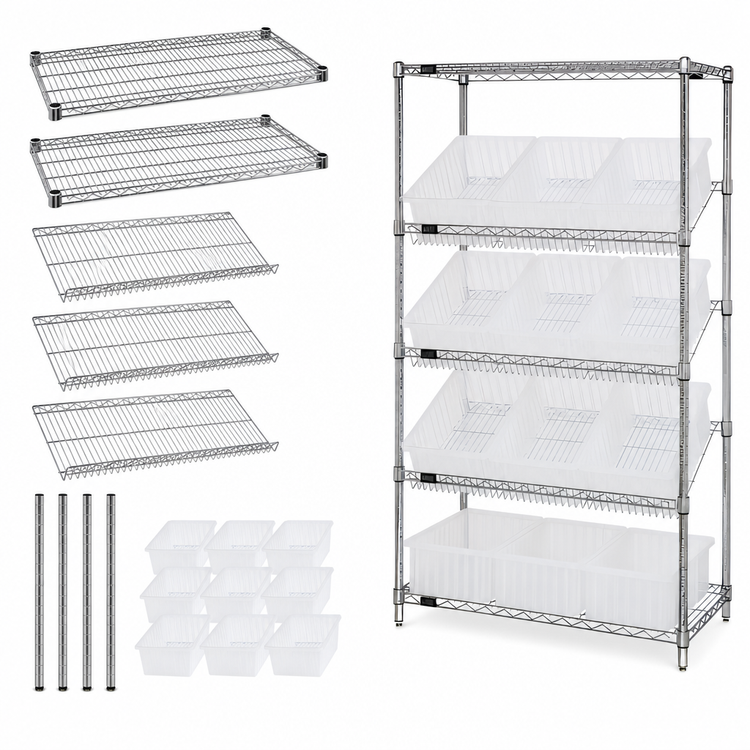 Product image #3 for Quantum Stationary Wire Shelving Bin System with 12 Clear Bins, Chrome Plated, 36 x 18 x 63 Inches