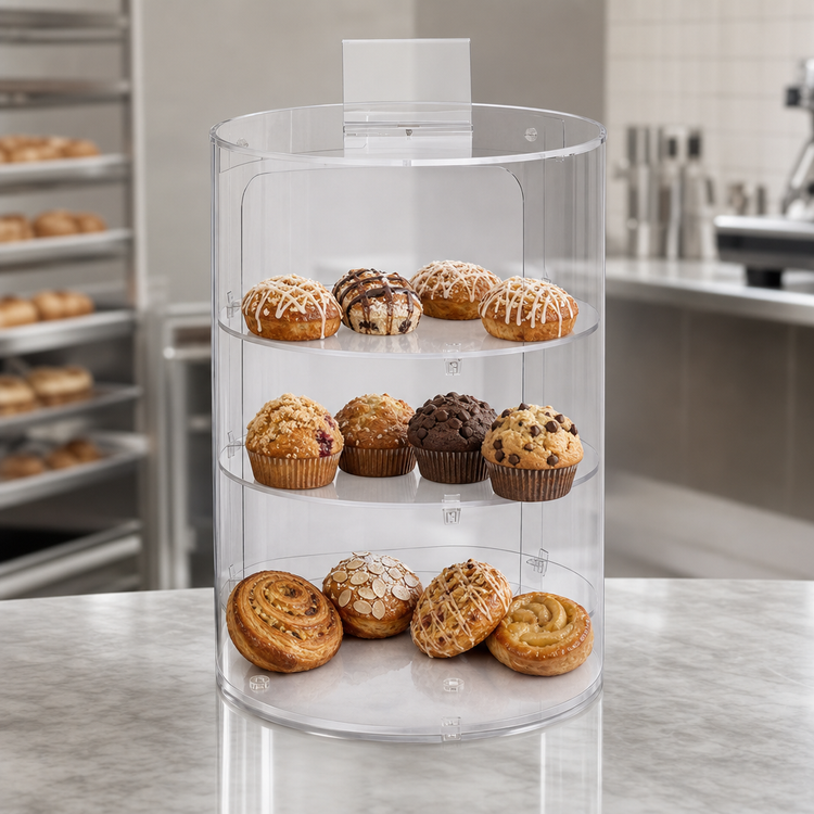Product image #3 for Antunes Cylindrical Countertop Pastry Display Case with Acrylic Panels, 3-Tier, 12-Item Capacity
