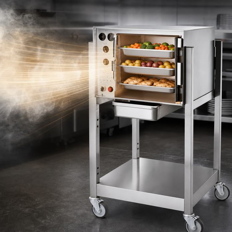 Product image #3 for AccuTemp Steam'N'Hold Boilerless Convection Steamer Floor Model with Stand and Casters, 3-Pan, 240V, 3-Phase