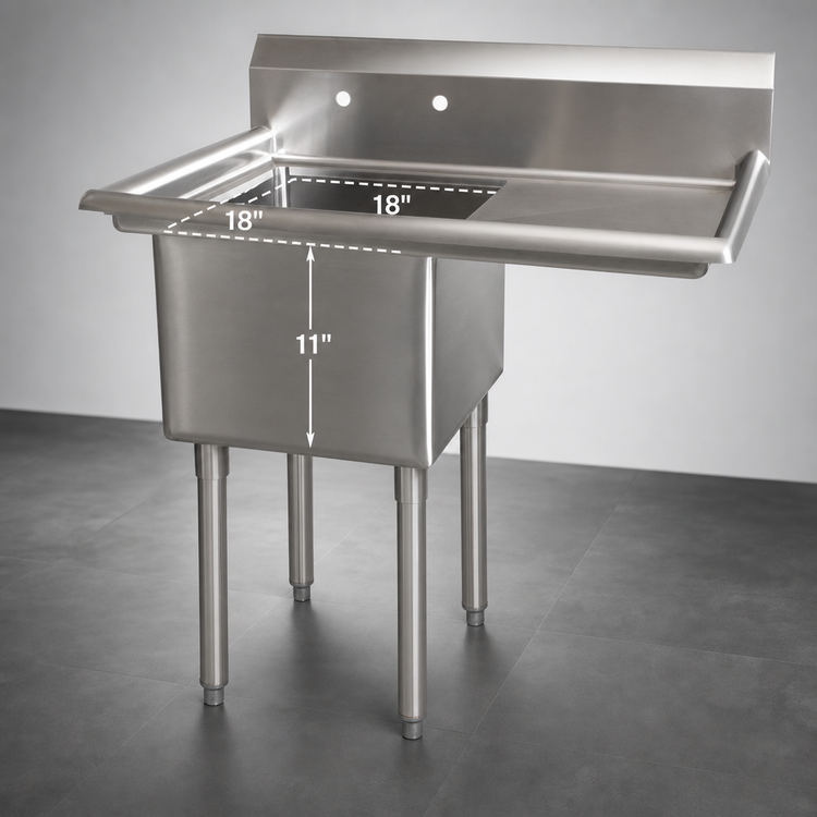 Product image #3 for Omcan USA 1-Compartment Pot Sink with Right Drainboard, 18 x 18 x 11-Inch Bowl, 304 Stainless Steel