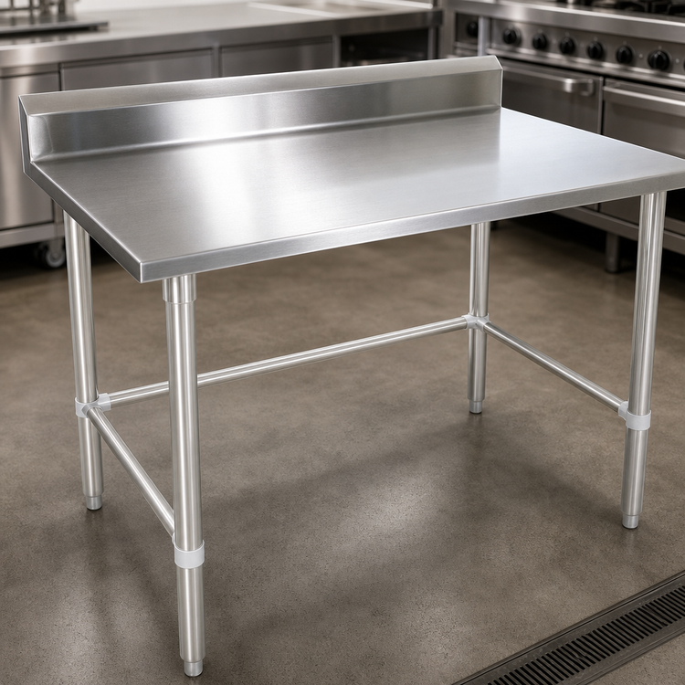 Product image #3 for John Boos Stallion 48-Inch x 30-Inch 14-Gauge 300 Series Stainless Steel Work Table with 5-Inch Backsplash and Galvanized Base