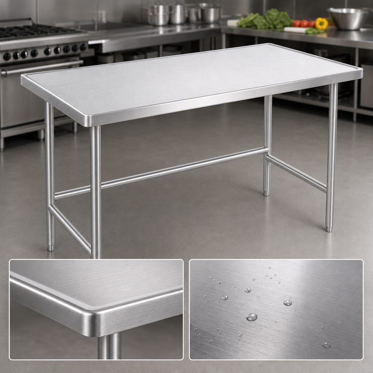 Product image #3 for Advance Tabco 120-Inch x 36-Inch 14-Gauge 304 Stainless Steel Open Base Work Table with Countertop Edge