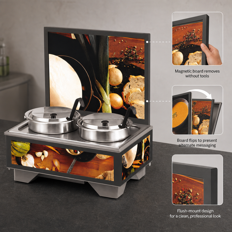 Product image #3 for Vollrath Cayenne Full-Size Countertop Rethermalizing Soup Merchandiser Base with Menu Board and 7 Quart Accessory Pack
