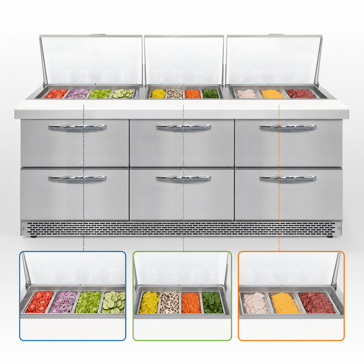 Product image #3 for Mighty Top SW72N24M-FB-D 72" Three-Section Refrigerated Sandwich Prep Table with Drawers